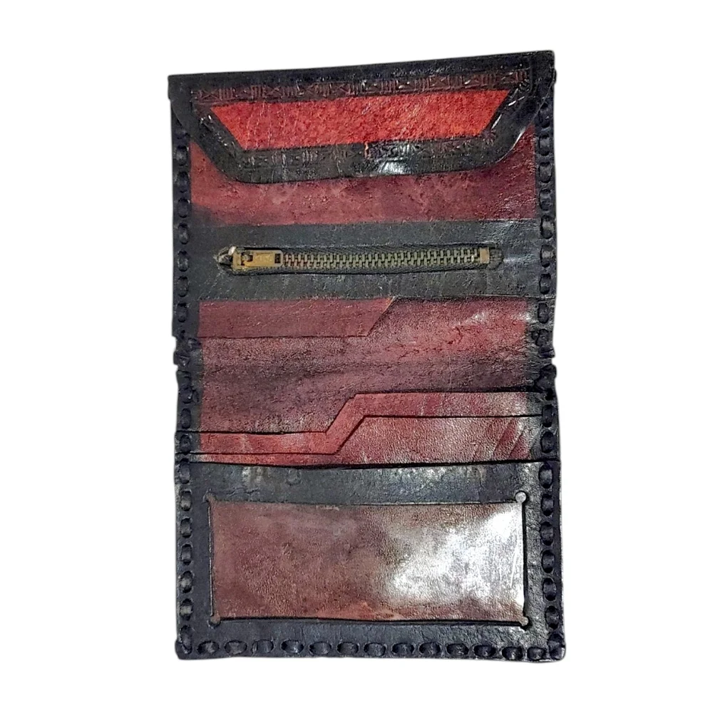 Handcrafted Hand-Tooled Leather Red Orange Bi Fold Western Snap Button Wallet